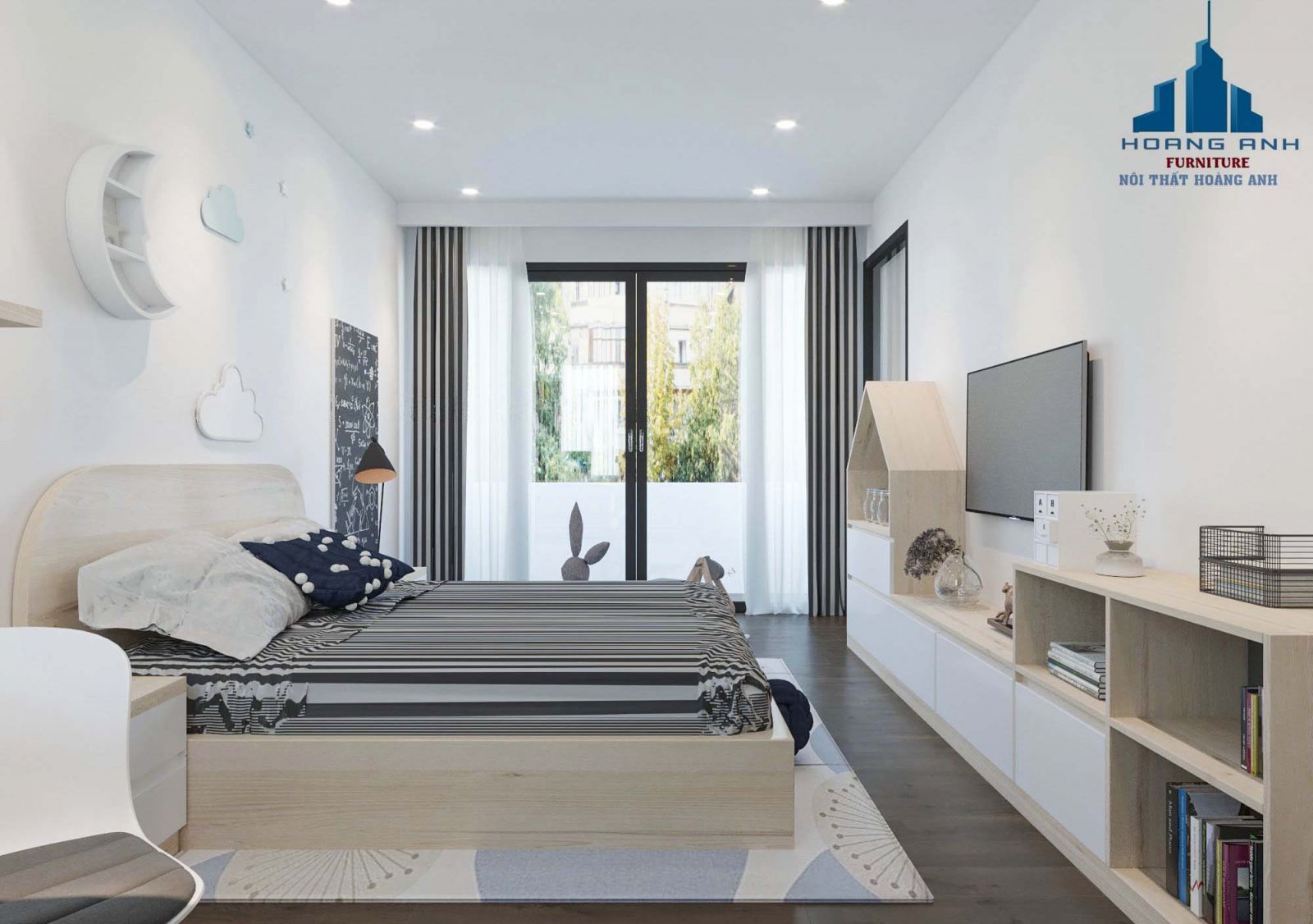 Thiết kế phòng ngủ con trai với gam mầu nhẹ, và sáng giúp cho căn phòng trở nên rộng hơn